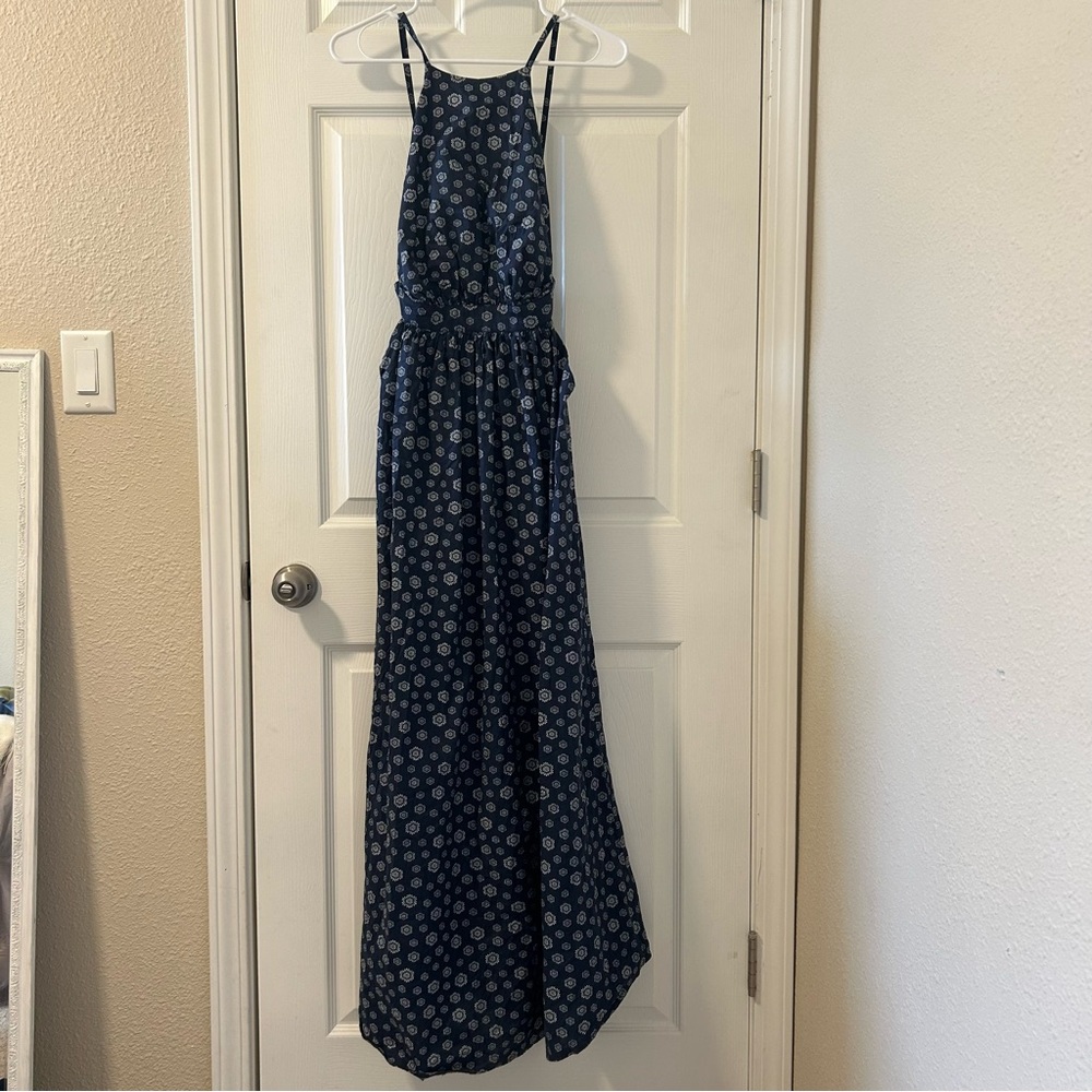 Navy Blue Floral Maxi Dress adjustable straps open back